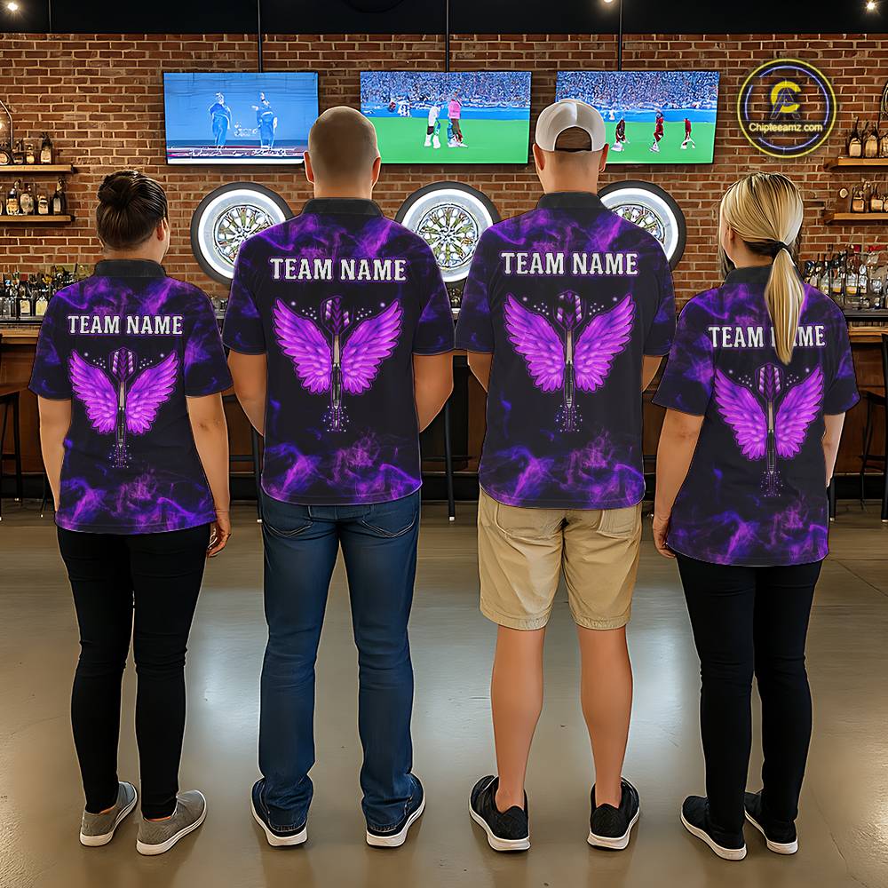 Custom Purple Flame Neon Dart Shirts Wings Dart Jersey Dartboard Shirt for Men DHT21