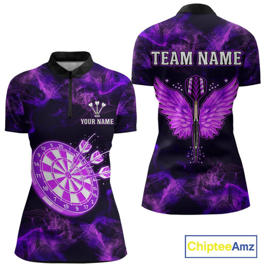 Custom Purple Flame Neon Dart Shirts Wings Dart Jersey Dartboard Shirt for Women DHT21