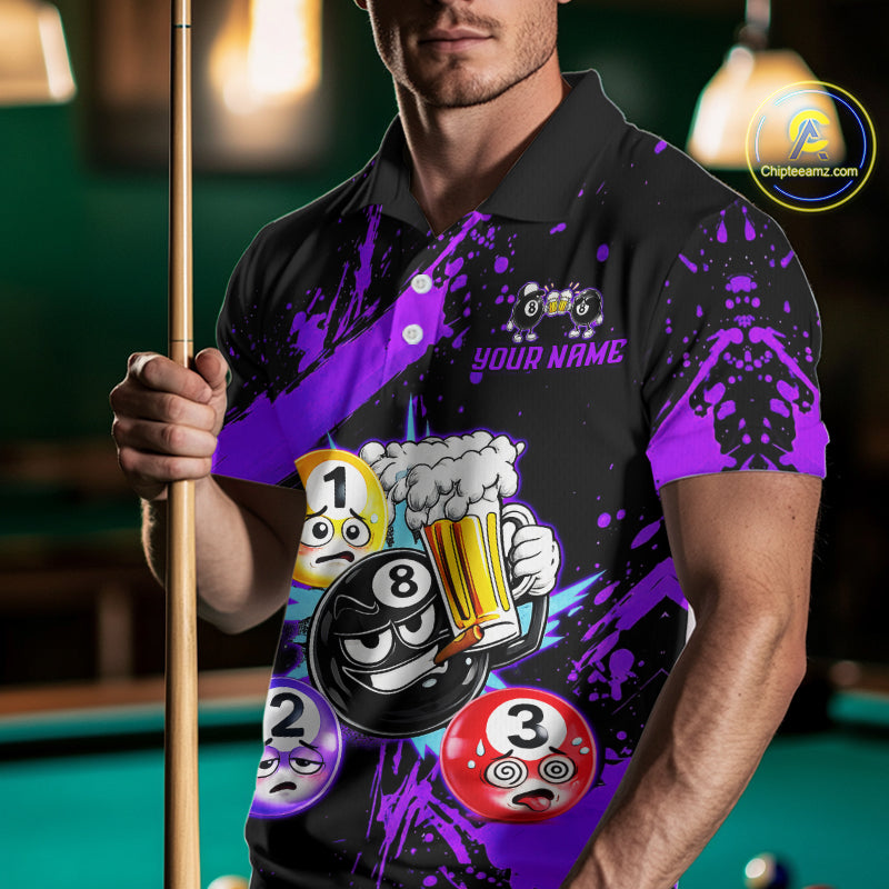 Custom Purple Funny 8 Ball Pool Billiard Team Shirts for Men Billiard League Jersey Polo &1/4 Zip BHT2