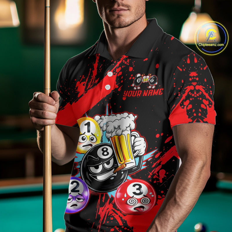 Custom Red Funny 8 Ball Pool Billiard Team Shirts for Men Billiard League Jersey Polo &1/4 Zip BHT2