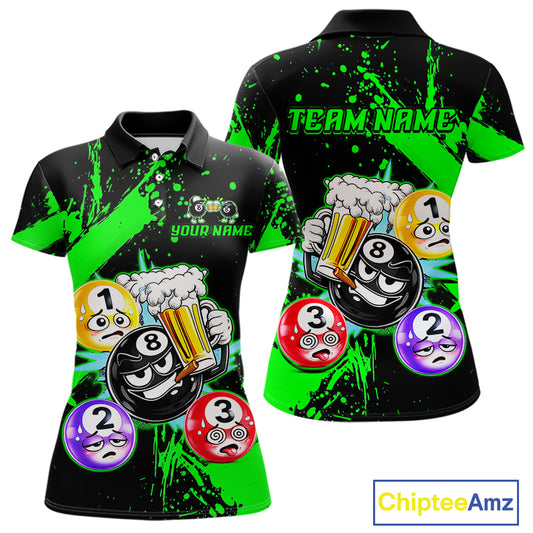 Custom Green Funny 8 Ball Pool Billiard Team Shirts for Women Billiard League Jersey Polo &1/4 Zip BHT2