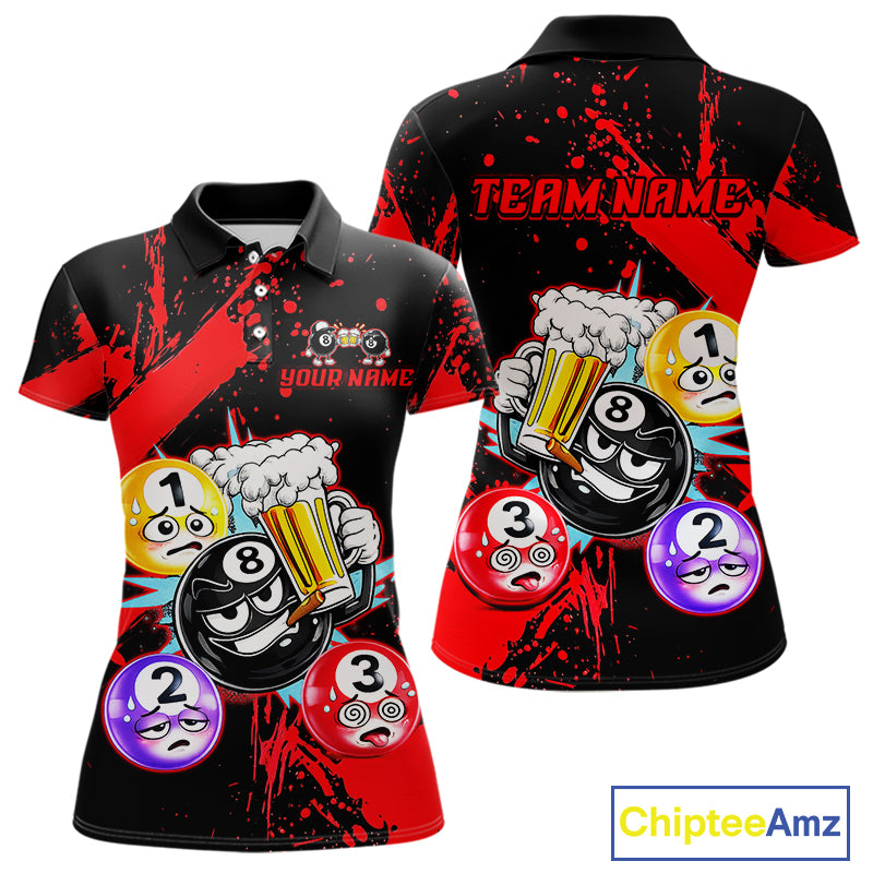 Custom Red Funny 8 Ball Pool Billiard Team Shirts for Women Billiard League Jersey Polo &1/4 Zip BHT2