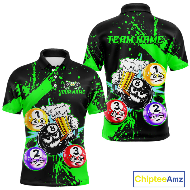 Custom Green Funny 8 Ball Pool Billiard Team Shirts for Men Billiard League Jersey Polo &1/4 Zip BHT2
