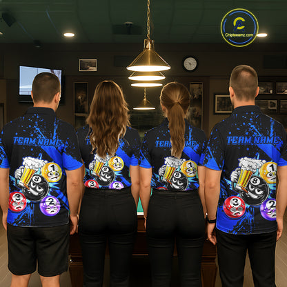 Custom Blue Funny 8 Ball Pool Billiard Team Shirts for Men Billiard League Jersey Polo &1/4 Zip BHT2