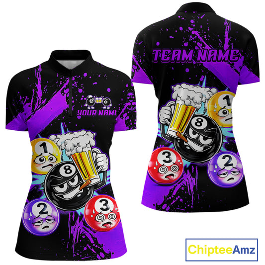 Custom Purple Funny 8 Ball Pool Billiard Team Shirts for Women Billiard League Jersey Polo &1/4 Zip BHT2