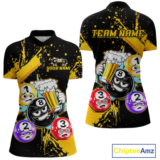 Custom Yellow Funny 8 Ball Pool Billiard Team Shirts for Women Billiard League Jersey Polo &1/4 Zip BHT2
