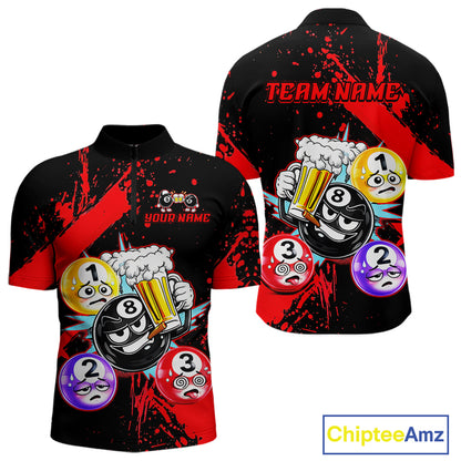 Custom Red Funny 8 Ball Pool Billiard Team Shirts for Men Billiard League Jersey Polo &1/4 Zip BHT2