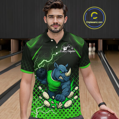 Custom Funny Green Rhino Bowling Team Shirt for Men Bowling Jersey Polo, Quarter-Zip Outfit QZT805