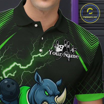 Custom Funny Green Rhino Bowling Team Shirt for Men Bowling Jersey Polo, Quarter-Zip Outfit QZT805