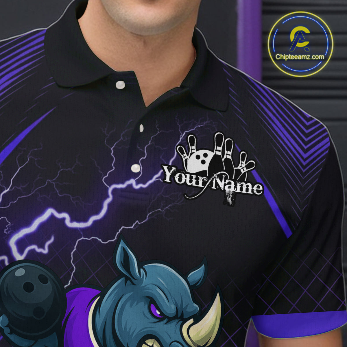 Custom Funny Purple Rhino Bowling Team Shirt for Men Bowling Jersey Polo, Quarter-Zip Outfit QZT805