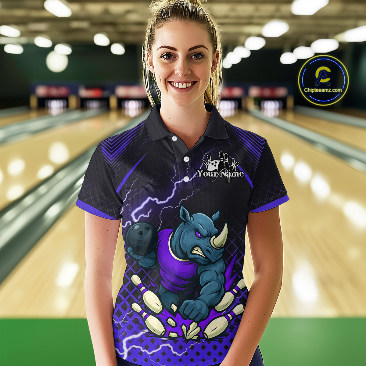 Custom Funny Purple Rhino Bowling Team Shirt for Women Bowling Jersey Polo, Quarter-Zip Outfit QZT805