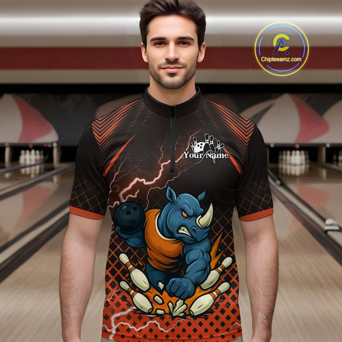 Custom Funny Orange Rhino Bowling Team Shirt for Men Bowling Jersey Polo, Quarter-Zip Outfit QZT805
