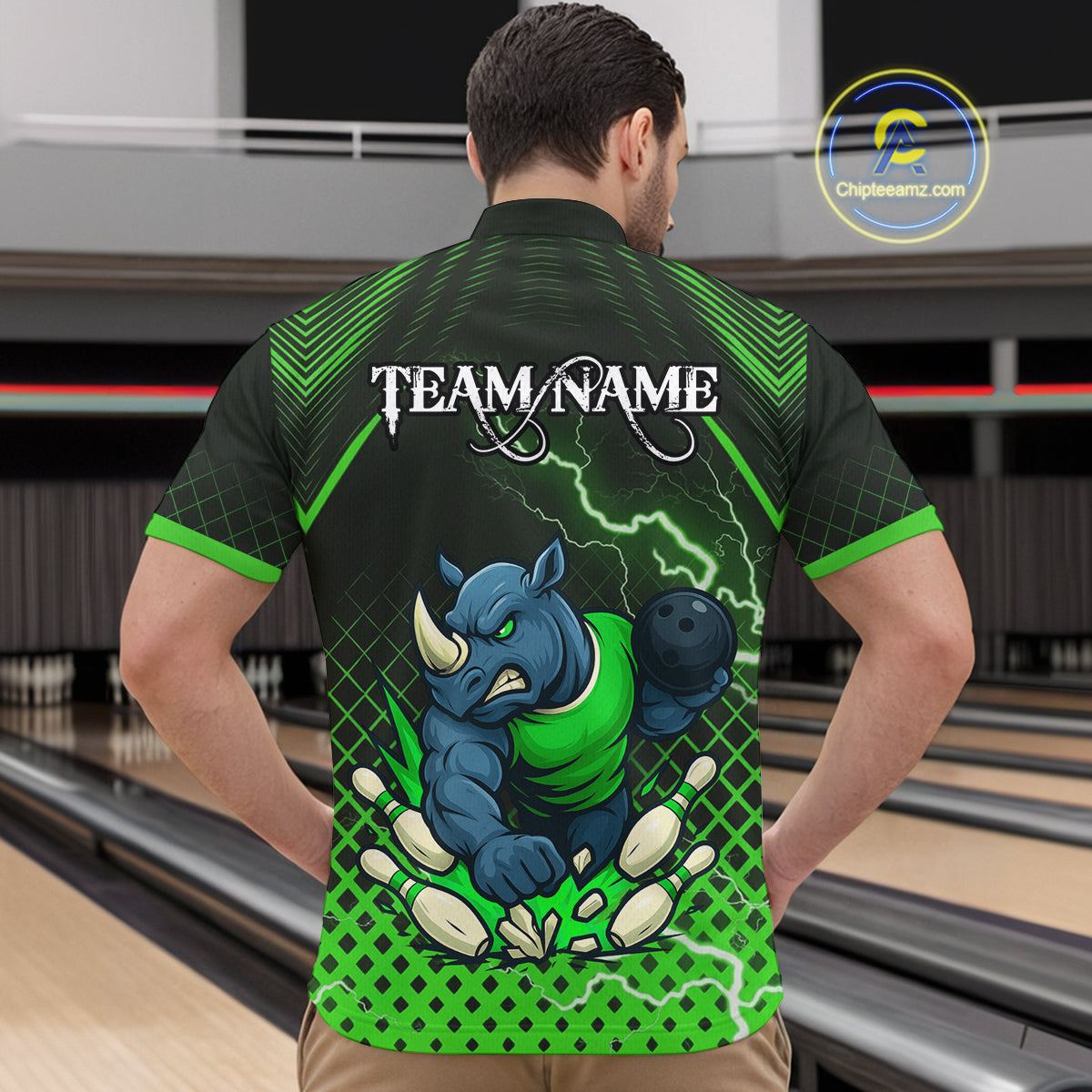 Custom Funny Green Rhino Bowling Team Shirt for Men Bowling Jersey Polo, Quarter-Zip Outfit QZT805