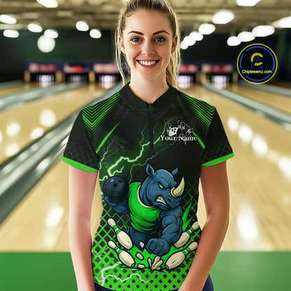 Custom Funny Green Rhino Bowling Team Shirt for Women Bowling Jersey Polo, Quarter-Zip Outfit QZT805