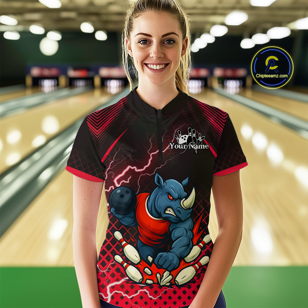 Custom Funny Red Rhino Bowling Team Shirt for Women Bowling Jersey Polo, Quarter-Zip Outfit QZT805