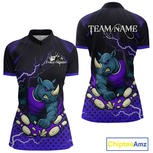 Custom Funny Purple Rhino Bowling Team Shirt for Women Bowling Jersey Polo, Quarter-Zip Outfit QZT805