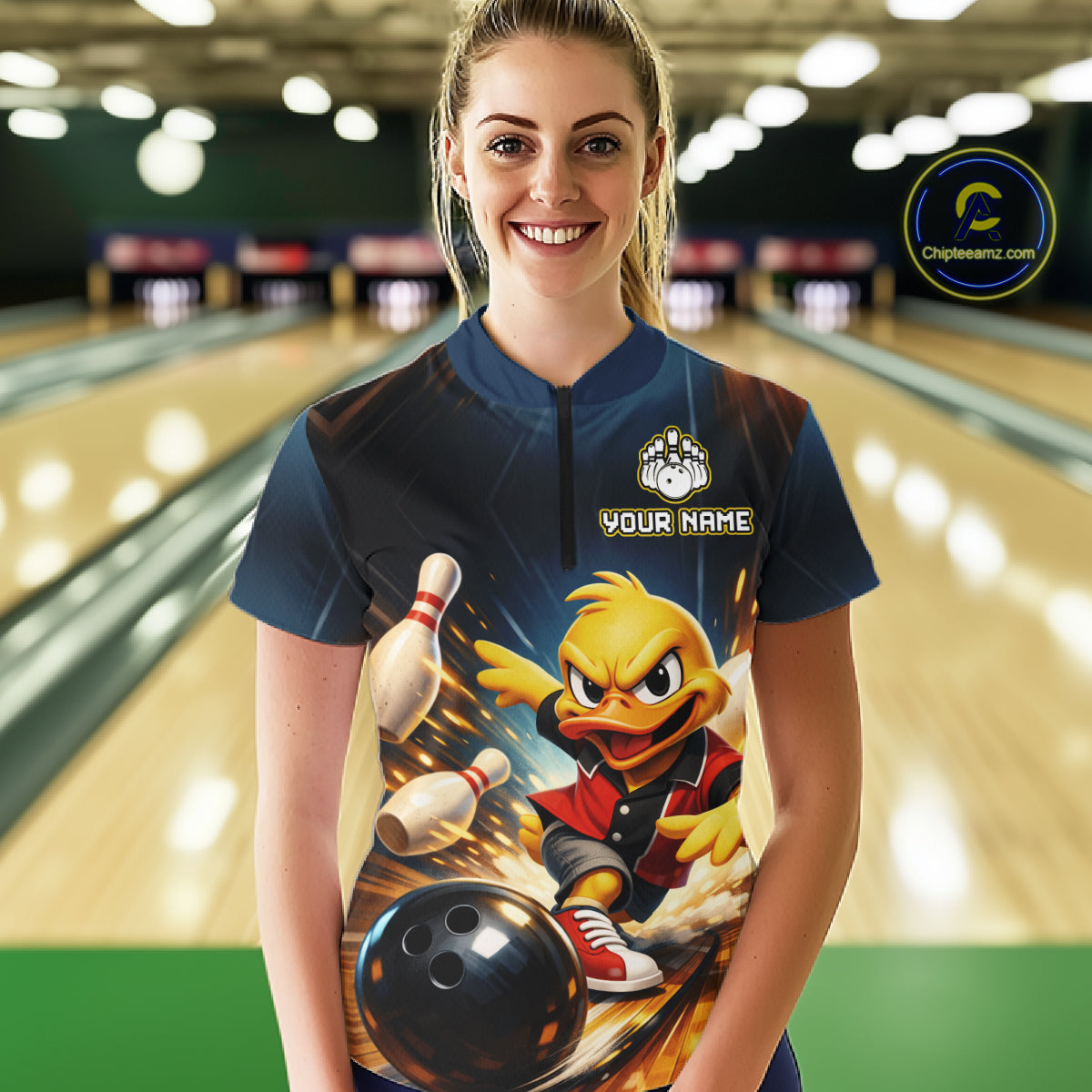 Personalized Funny Duck Bowling Team Shirt for Women Bowling League Uniform Polo & 1/4-Zip QZT858