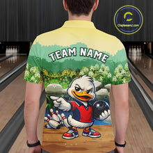 Load image into Gallery viewer, Man wearing a bowling-themed shirt with a cartoon character in a bowling alley, back view mockup.