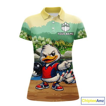 Polo shirt with cartoon duck design and customizable text on a white background