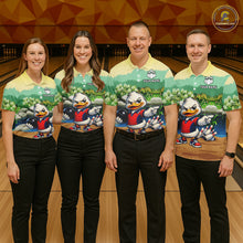 Load image into Gallery viewer, Four people wearing matching shirts with a cartoon character on a bowling alley.