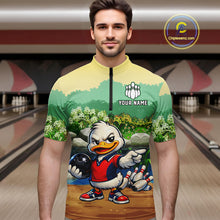 Load image into Gallery viewer, Man wearing a colorful bowling jersey with a cartoon duck design in a bowling alley.