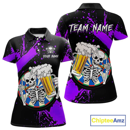 Custom Purple Skeleton Dart Jersey for Team Polo & 1/4 Zip Beer Dartboard Shirts Dart Jerseys Gift for Women DHT3