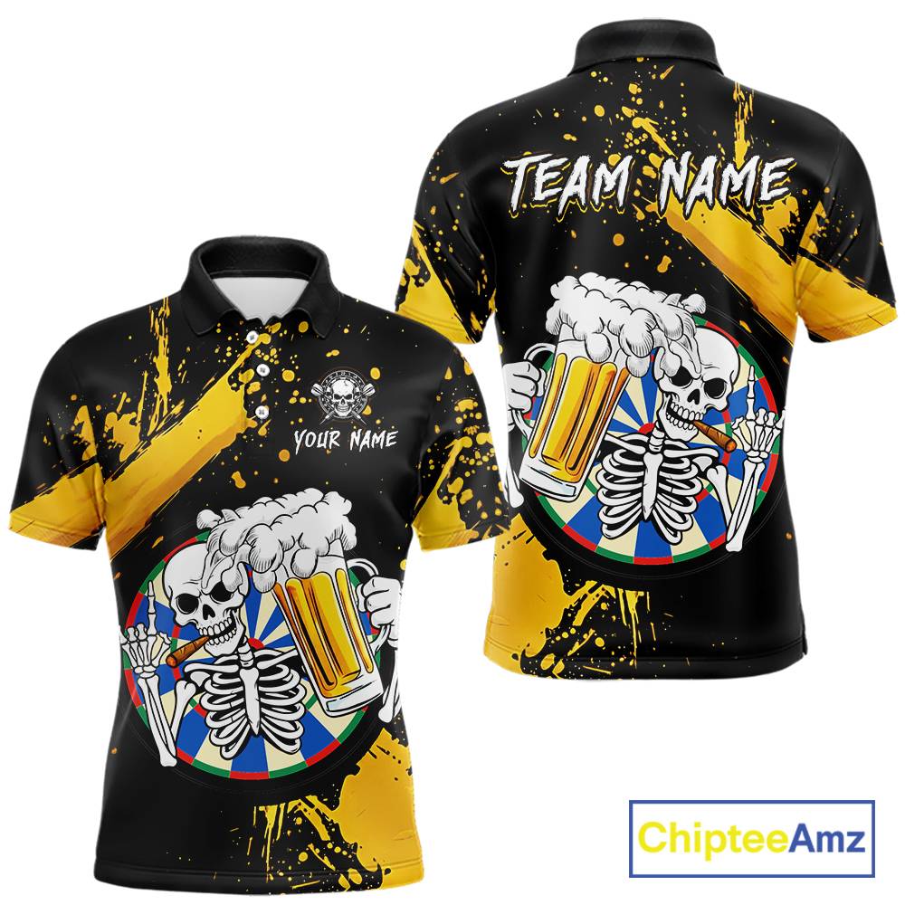 Custom Yellow Skeleton Dart Jersey for Team Polo & 1/4 Zip Beer Dartboard Shirts Dart Jerseys Gift for Men DHT3