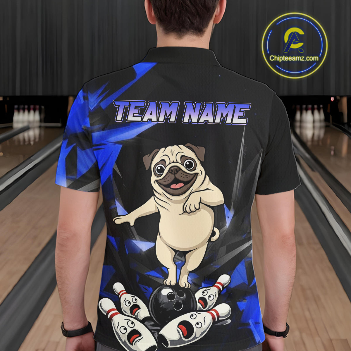 Custom Blue Funny Pug Dog Bowling League Shirt for Men Polo & 1/4-Zip Bowling Jersey for Team QZT906