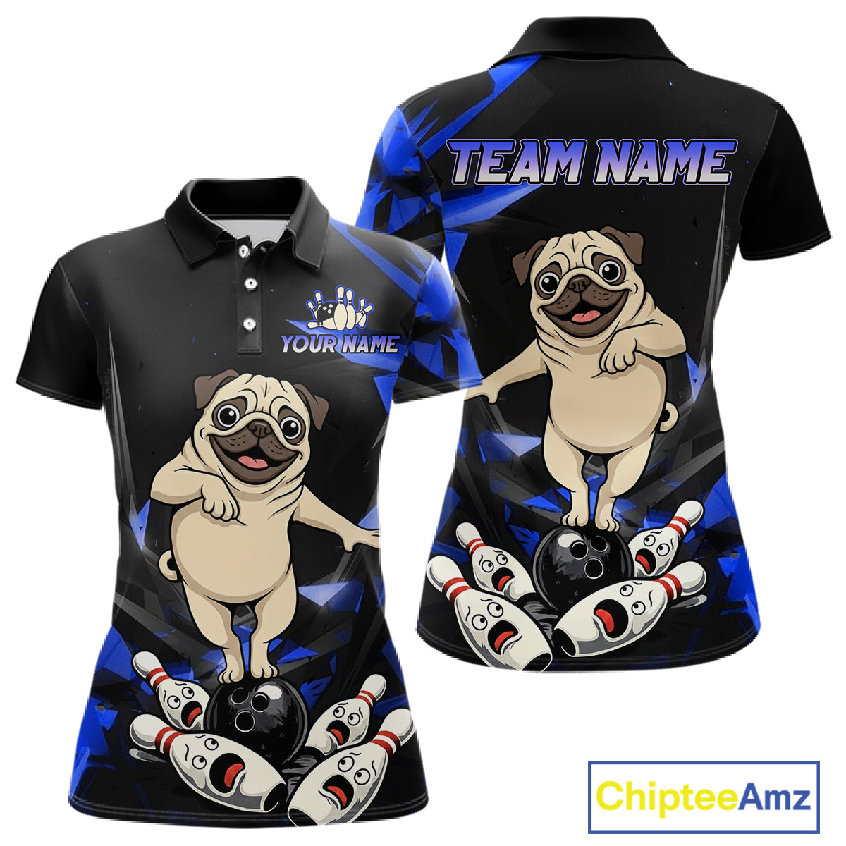 Custom Blue Funny Pug Dog Bowling League Shirt for Women Polo & 1/4-Zip Bowling Jersey for Team QZT906
