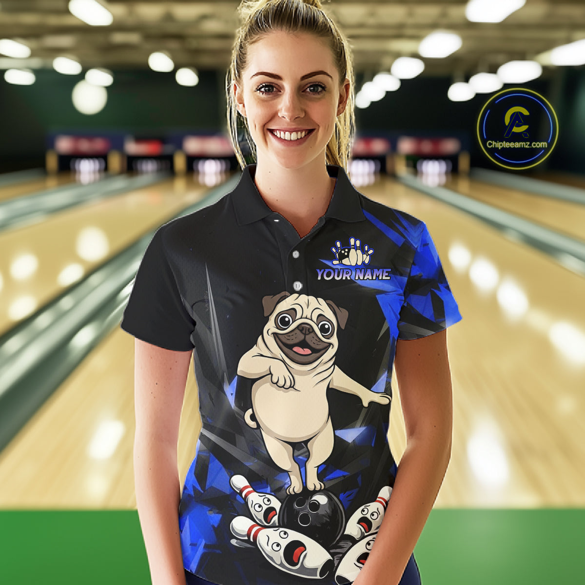 Custom Blue Funny Pug Dog Bowling League Shirt for Women Polo & 1/4-Zip Bowling Jersey for Team QZT906
