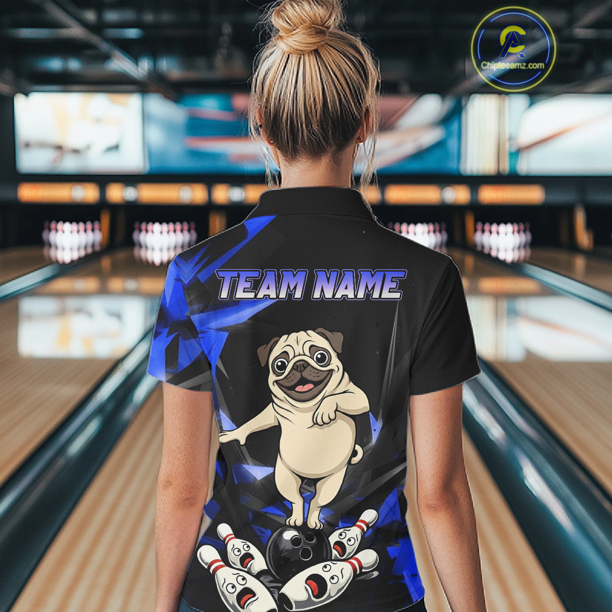 Custom Blue Funny Pug Dog Bowling League Shirt for Women Polo & 1/4-Zip Bowling Jersey for Team QZT906