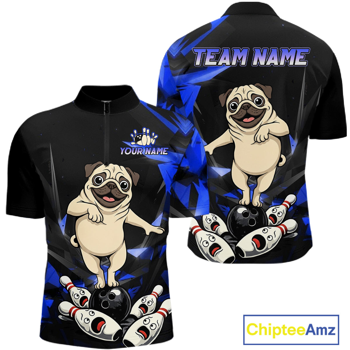 Custom Blue Funny Pug Dog Bowling League Shirt for Men Polo & 1/4-Zip Bowling Jersey for Team QZT906