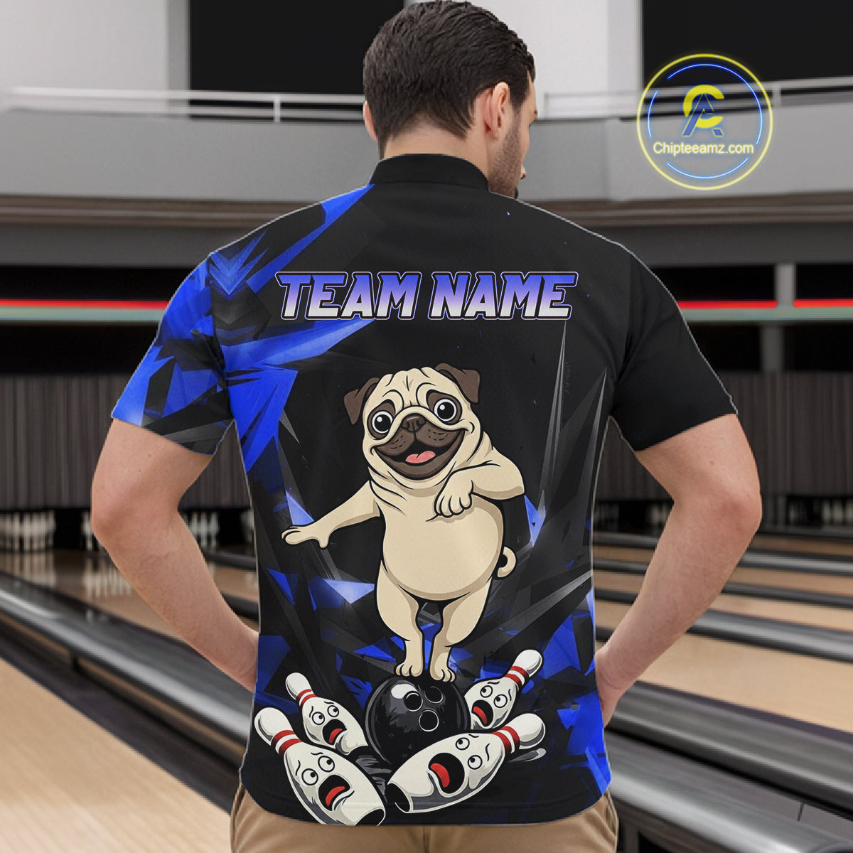 Custom Blue Funny Pug Dog Bowling League Shirt for Men Polo & 1/4-Zip Bowling Jersey for Team QZT906