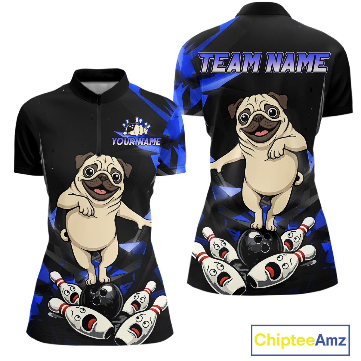 Custom Blue Funny Pug Dog Bowling League Shirt for Women Polo & 1/4-Zip Bowling Jersey for Team QZT906