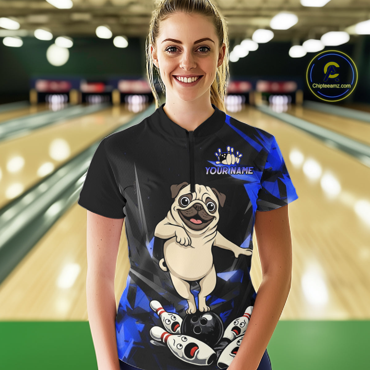 Custom Blue Funny Pug Dog Bowling League Shirt for Women Polo & 1/4-Zip Bowling Jersey for Team QZT906