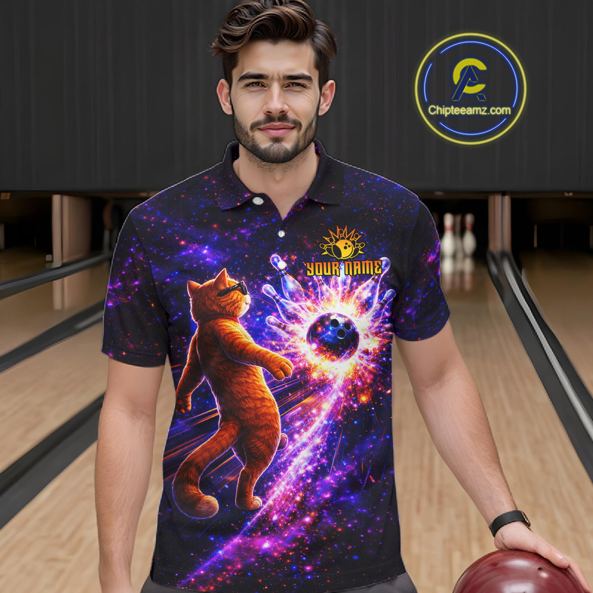 Galaxy Funny Cat Bowling Shirt for Men Custom Bowling League Jersey Polo & Quarter-Zip Bowler Gift QZT918
