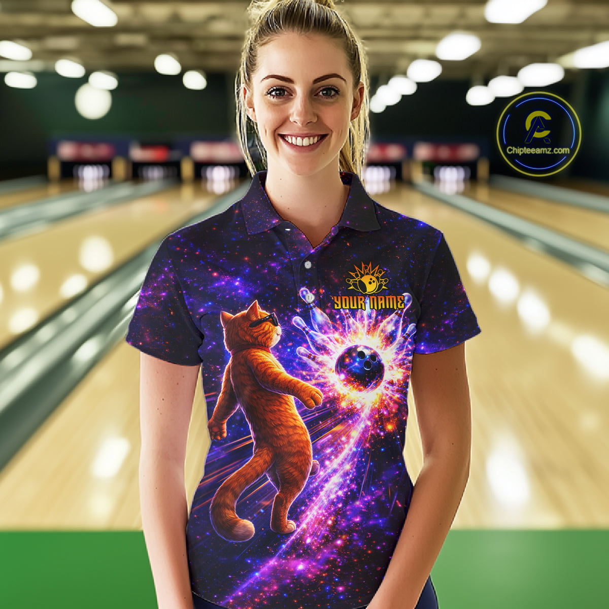 Galaxy Funny Cat Bowling Shirt for Women Custom Bowling League Jersey Polo & Quarter-Zip Bowler Gift QZT918