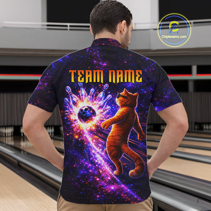 Galaxy Funny Cat Bowling Shirt for Men Custom Bowling League Jersey Polo & Quarter-Zip Bowler Gift QZT918