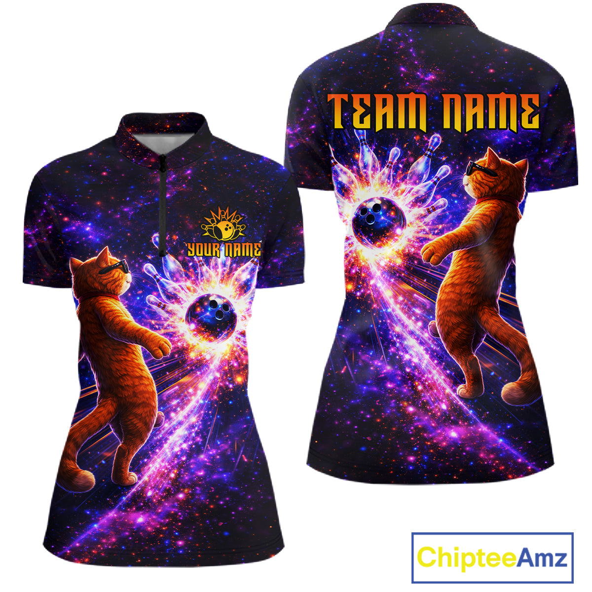 Galaxy Funny Cat Bowling Shirt for Women Custom Bowling League Jersey Polo & Quarter-Zip Bowler Gift QZT918