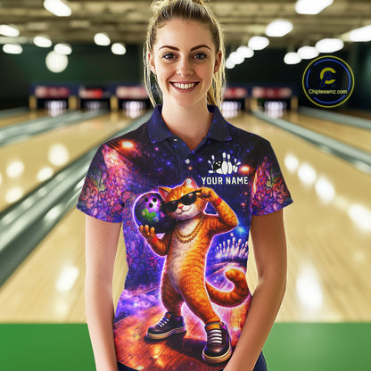 Custom Graffiti Funny Cat Bowling Shirt for Women Bowling League Jersey Polo & Quarter-Zip Bowling Outfit QZT919