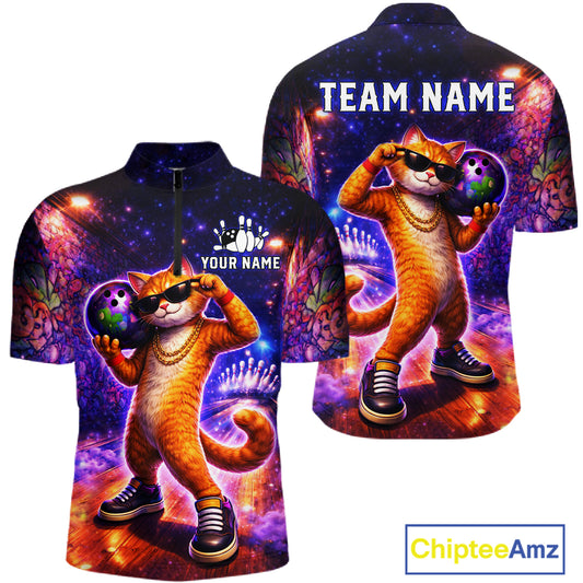 Custom Graffiti Funny Cat Bowling Shirt for Men Bowling League Jersey Polo & Quarter-Zip Bowling Outfit QZT919