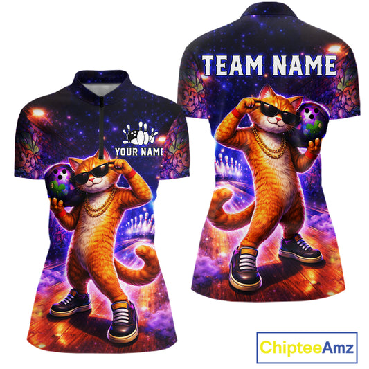 Custom Graffiti Funny Cat Bowling Shirt for Women Bowling League Jersey Polo & Quarter-Zip Bowling Outfit QZT919
