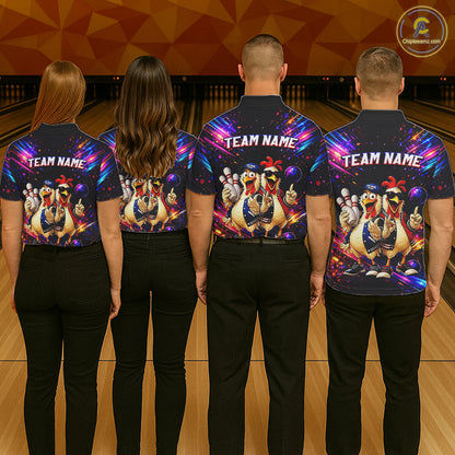 Custom Neon Funny Chicken Bowling Team Jersey for Men Bowling Shirt Bowling Tournament Polo & 1/4-Zip QZT956
