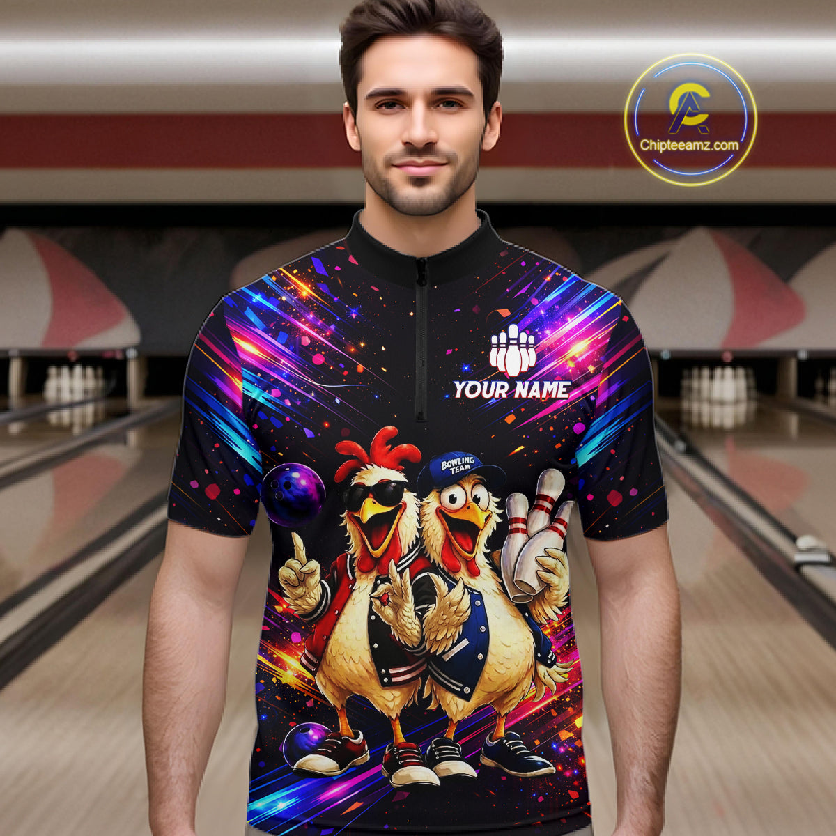 Custom Neon Funny Chicken Bowling Team Jersey for Men Bowling Shirt Bowling Tournament Polo & 1/4-Zip QZT956
