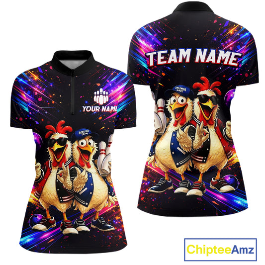 Custom Neon Funny Chicken Bowling Team Jersey for Women Bowling Buddy Shirt Bowling Tournament Polo & Quarter-Zip QZT956