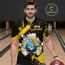 Load image into Gallery viewer, Custom Yellow Funny Beer Bowling Shirt for Men Bowling League Jersey Polo 1/4 Zip Bowling Outfit QZT822