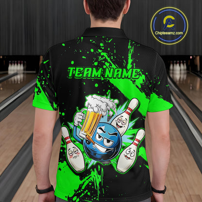 Custom Green Funny Beer Bowling Shirt for Men Bowling League Jersey Polo 1/4 Zip Bowling Outfit QZT822