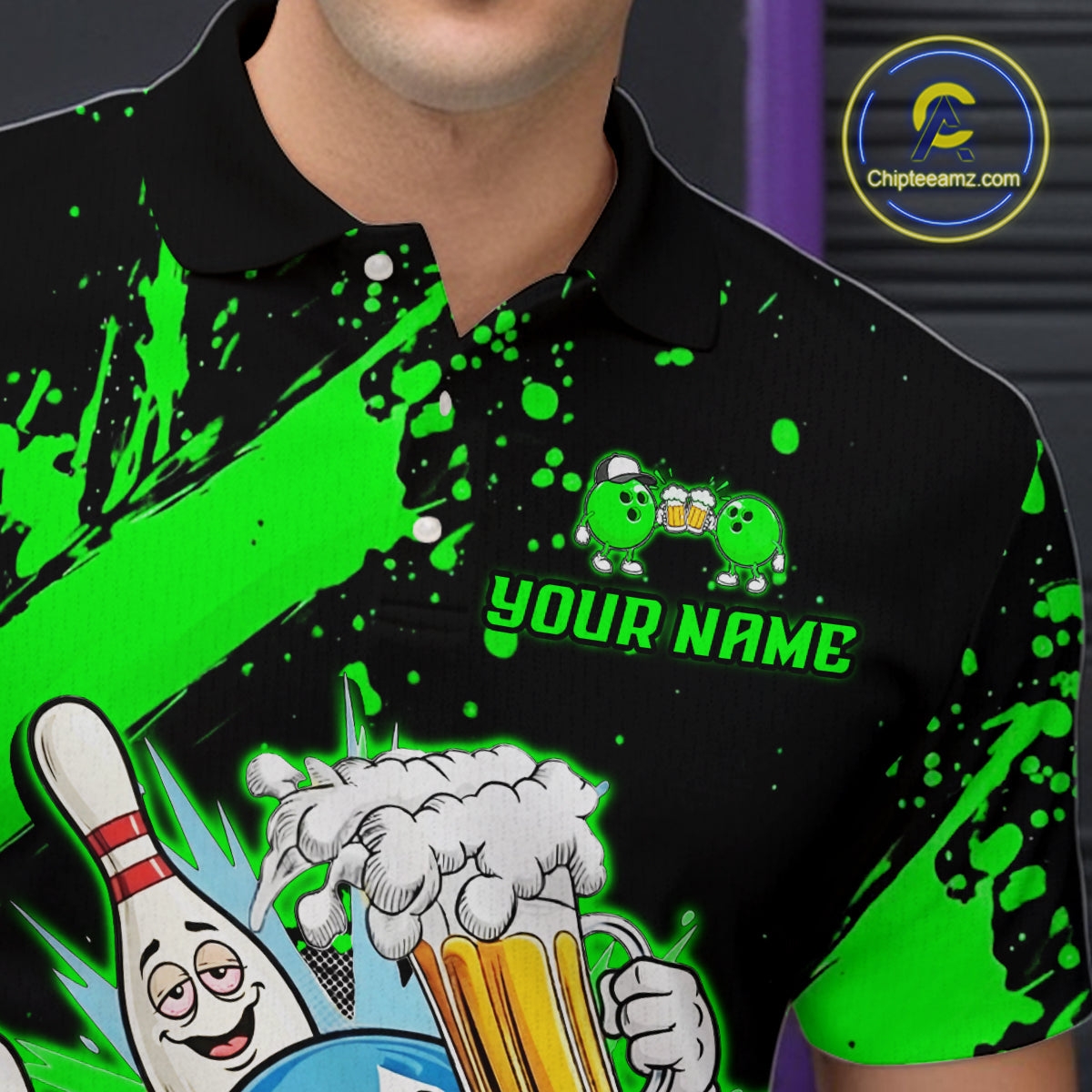 Custom Green Funny Beer Bowling Shirt for Men Bowling League Jersey Polo 1/4 Zip Bowling Outfit QZT822