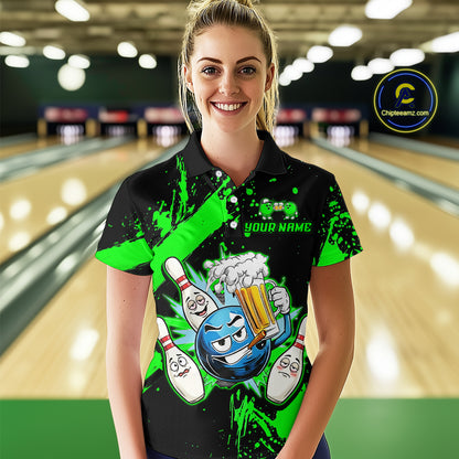 Custom Green Funny Beer Bowling Shirt for Women Bowling League Jersey Polo 1/4 Zip Bowling Outfit QZT822