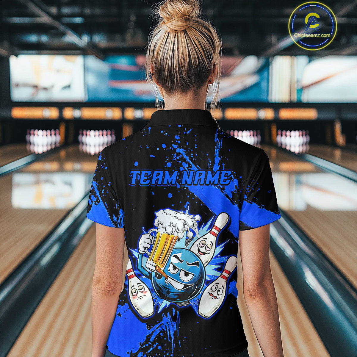 Custom Blue Funny Beer Bowling Shirt for Women Bowling League Jersey Polo 1/4 Zip Bowling Outfit QZT822